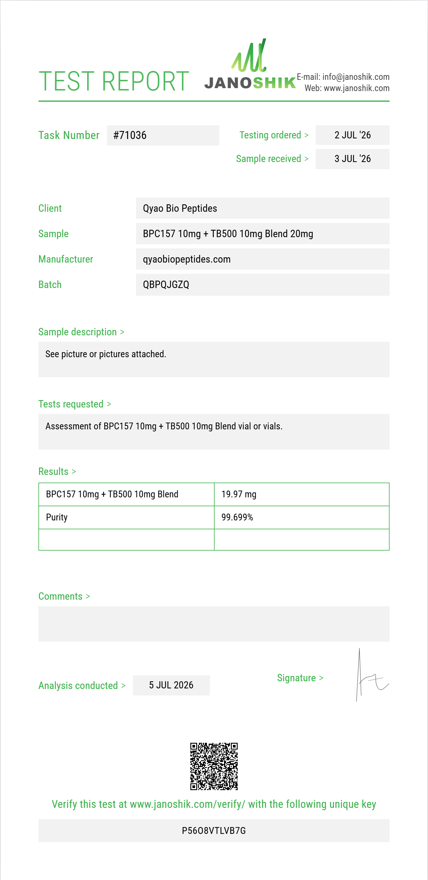 BPC157 10mg + TB500 10mg Blend Purity (HPLC) report by Janoshik Analytical