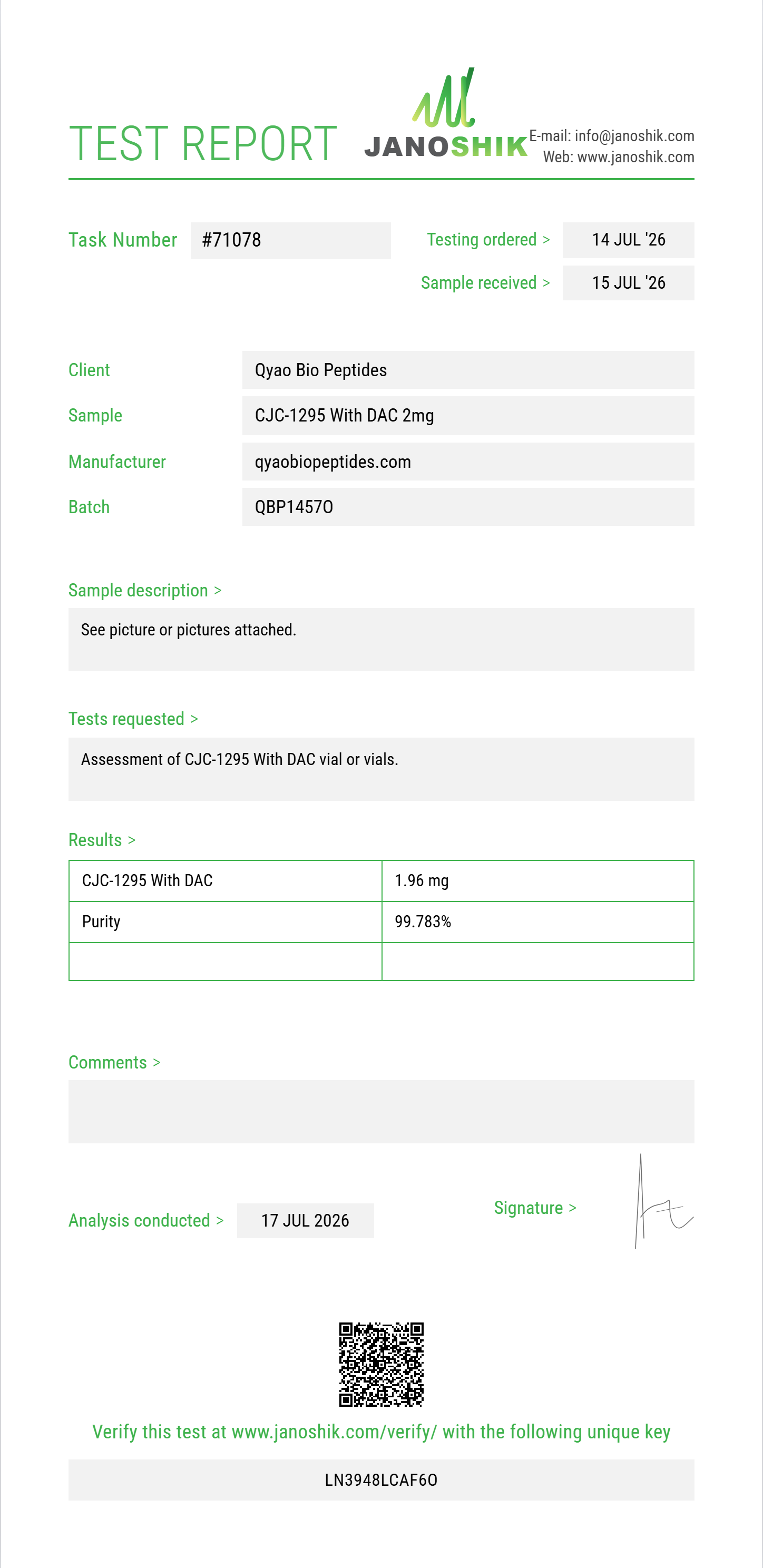 CJC-1295 With DAC Purity (HPLC) report by Janoshik Analytical