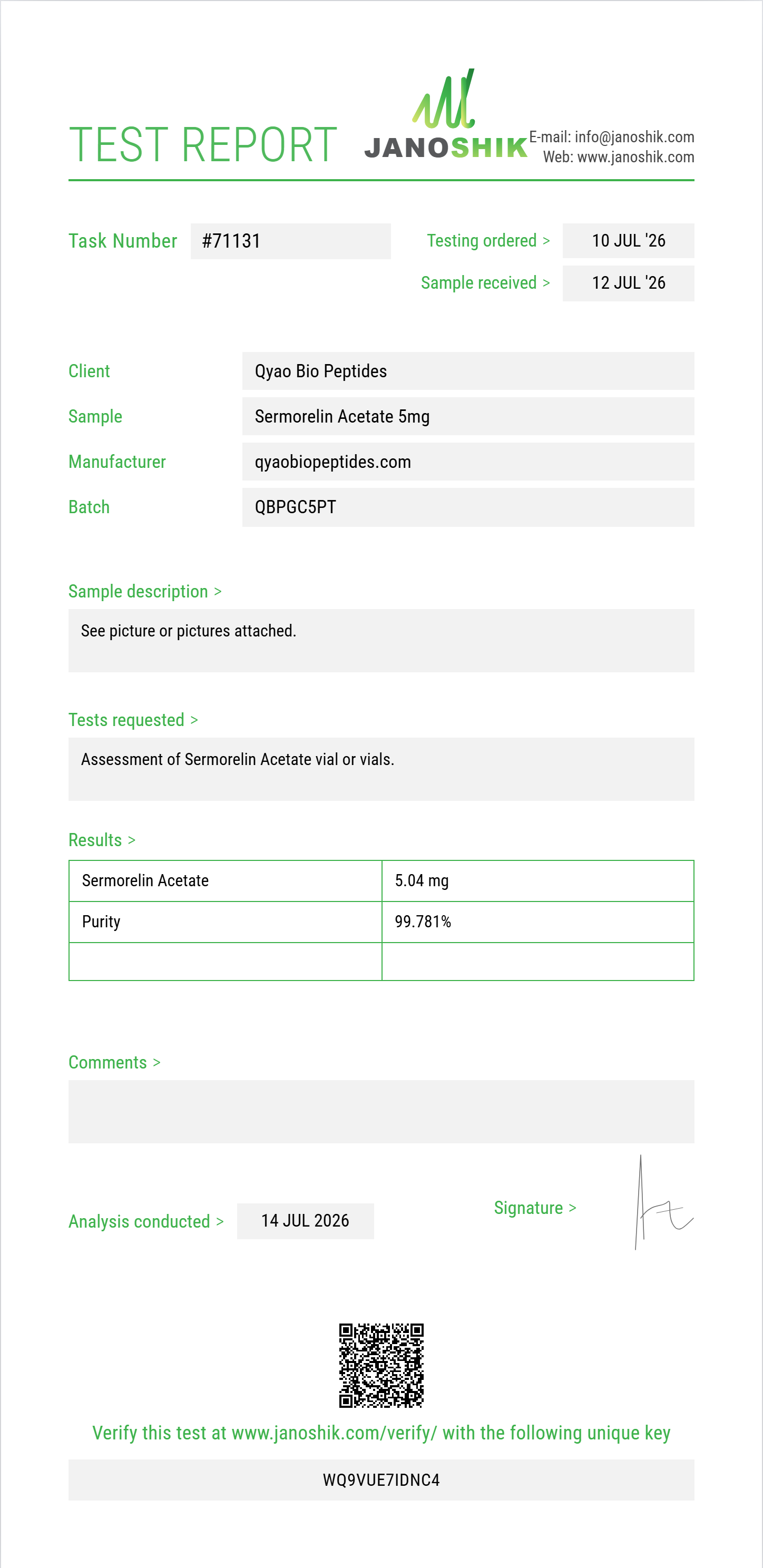 Sermorelin Acetate Purity (HPLC) report by Janoshik Analytical